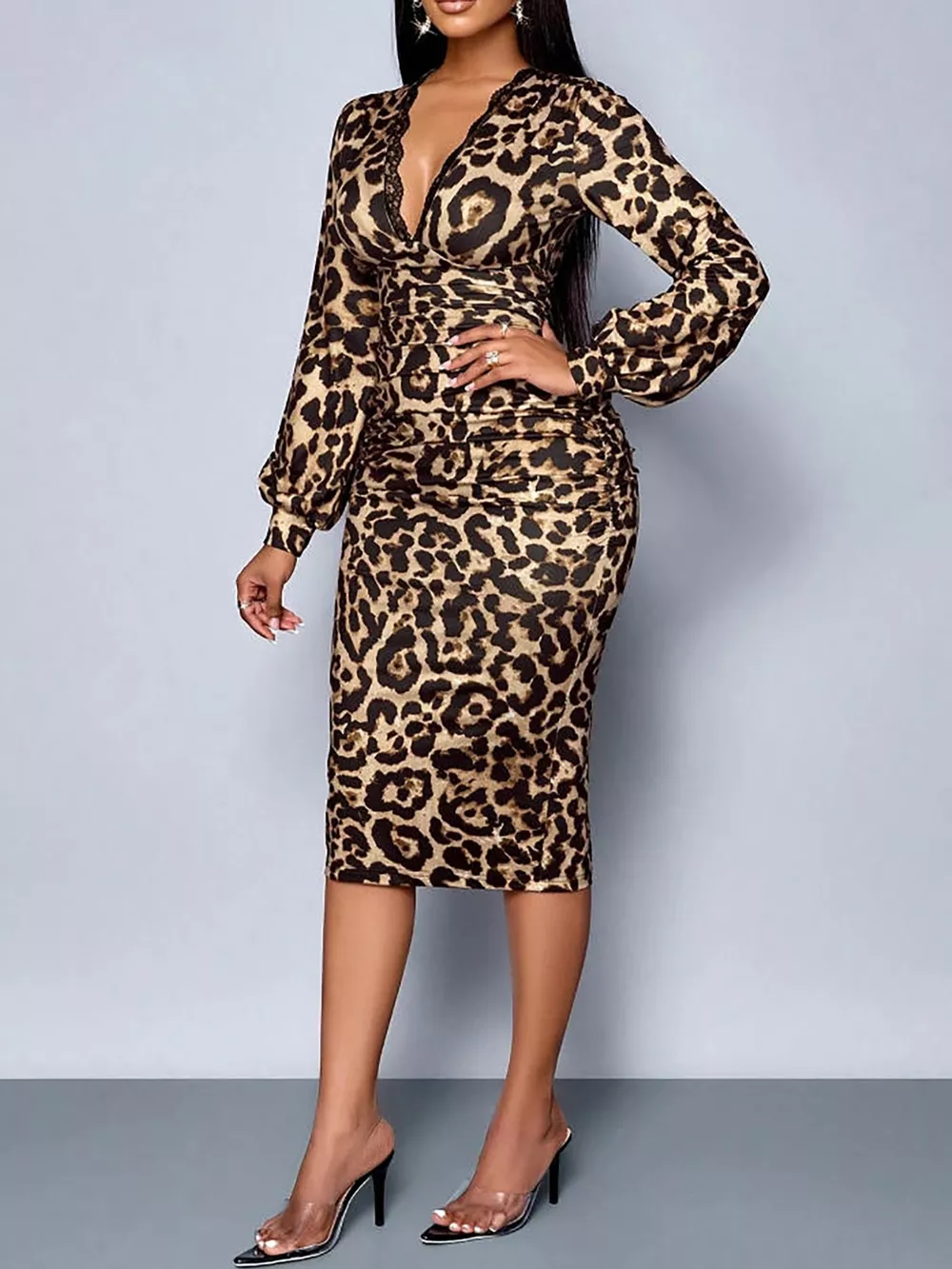 Lace Detail V-Neck Bodycon Midi Dress, image 5