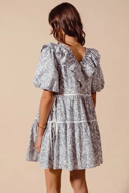 Cotton Printed Ruffle V Neckline Dress with Side Tie, image 3