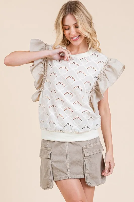 Ruffle Cap Sleeve Embroidered Eyelet Blouse, image 5