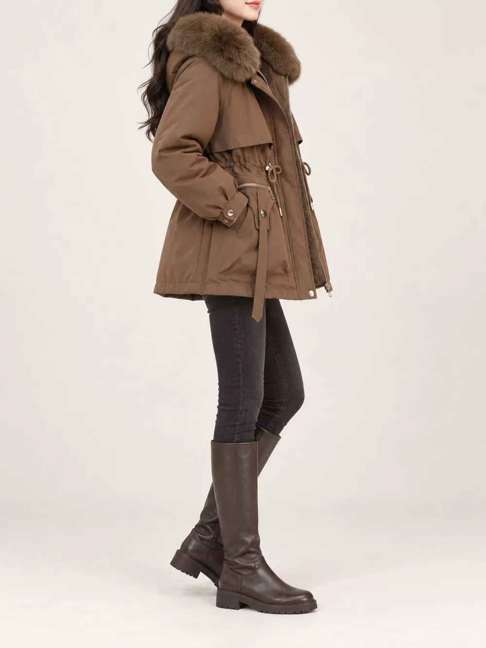 Plus Size Faux Fur Hooded Drawstring Waist Winter Parka Outerwear, image 3