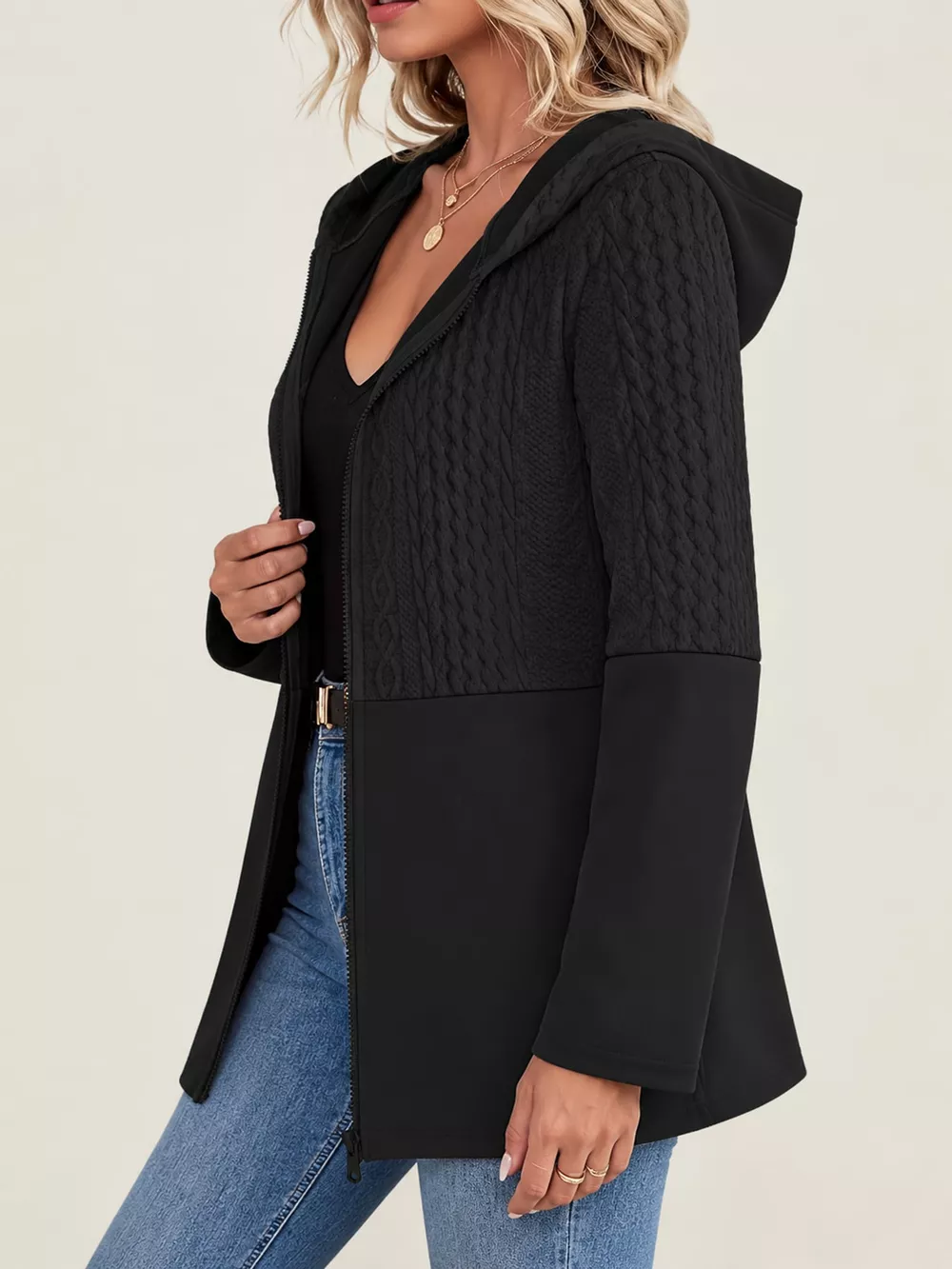 Full Size Textured Hooded Zip-Up Jacket Plus Size, image 5