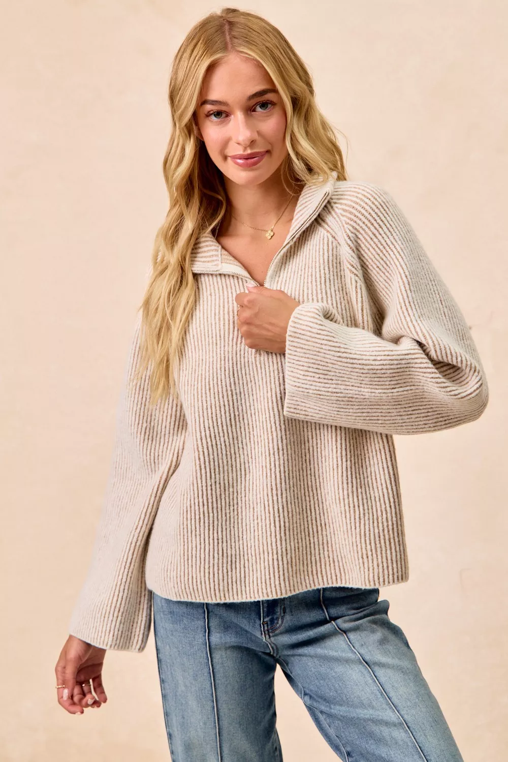 Two Tone Rib Texured Knit Collared Top with Zip Up, image 36