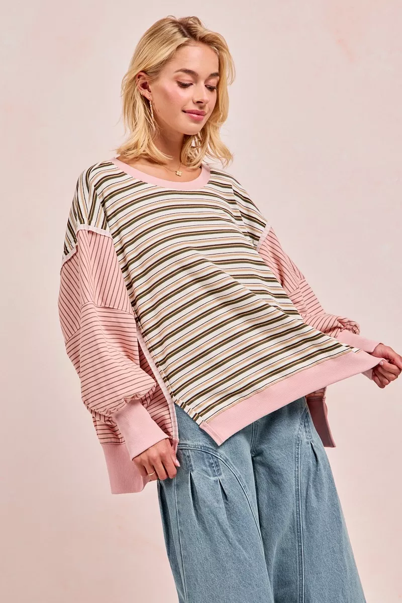 Stripe Mixed Top With Cut Edge And Reverse Outseam, image 11