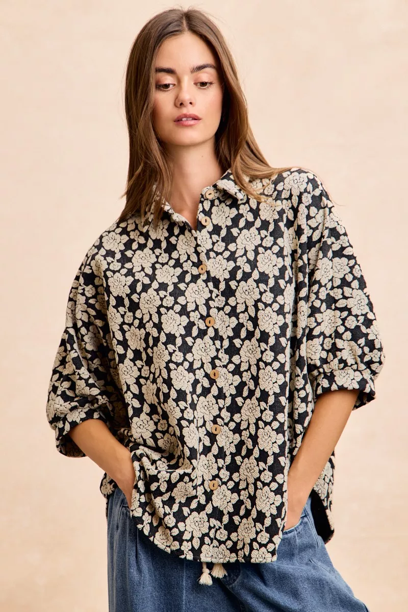 Floral Jacquard Short Dolman Sleeves Shirt, image 15