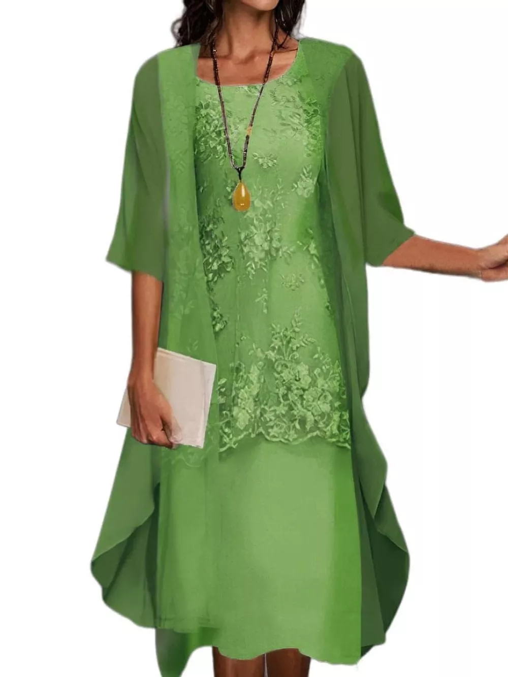 Plus Size Elegant Lace Overlay Dress and Matching Chiffon Cardigan Set, image 4