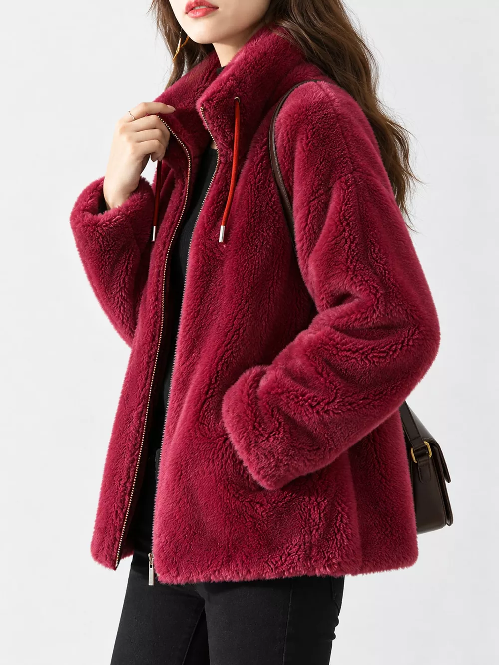 Full Size Drawstring Faux Fur Stand-Collar Zip-Up Outerwear Plus Size, image 27