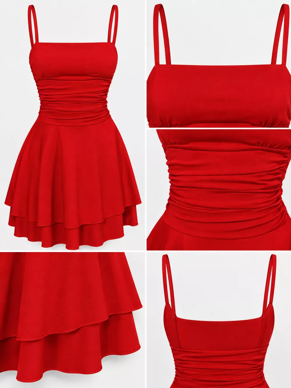Ruched Spaghetti Strap Layered Mini Dress, image 44