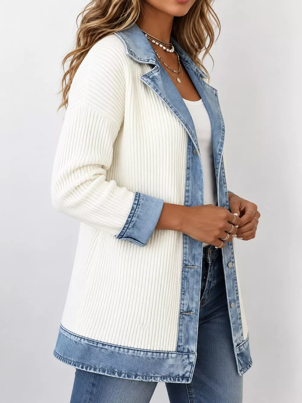 Full Size Denim Trim Ribbed Knit Cardigan Plus Size, image 14