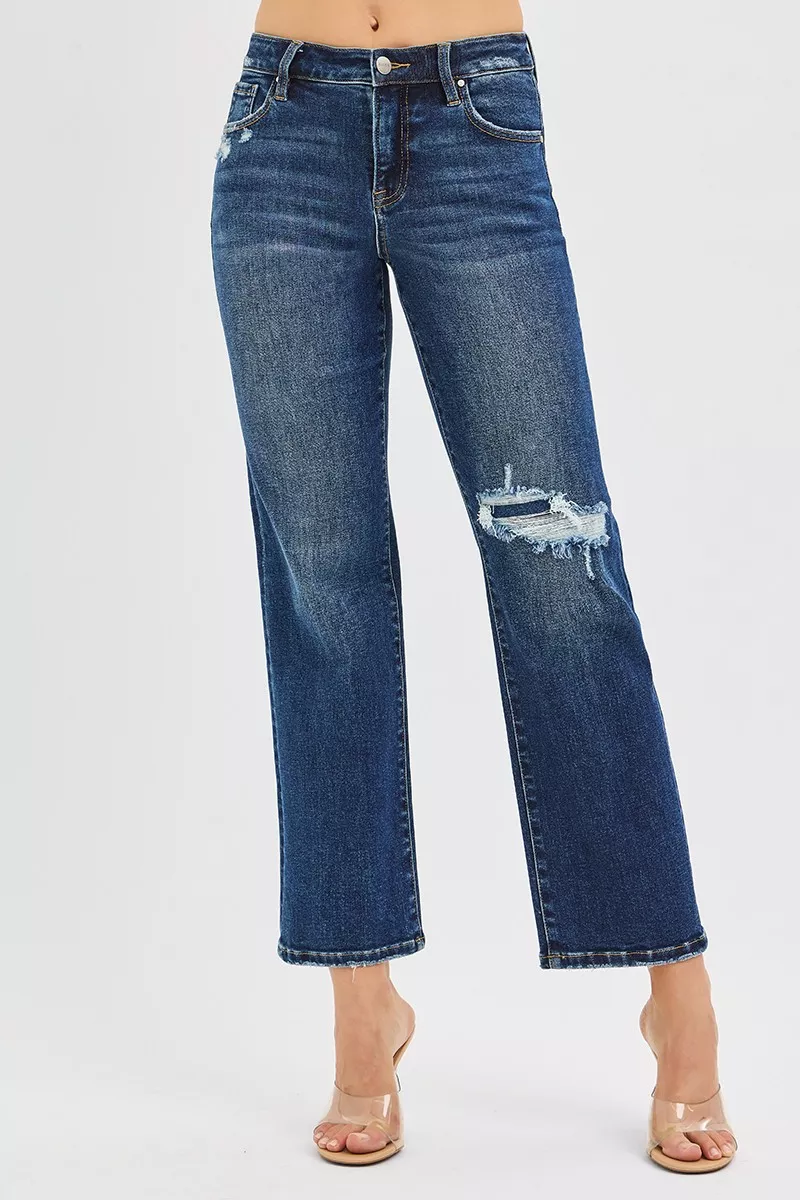 High Rise Crop Slim Straight Jenas with Hidden Knee Patch, image 6