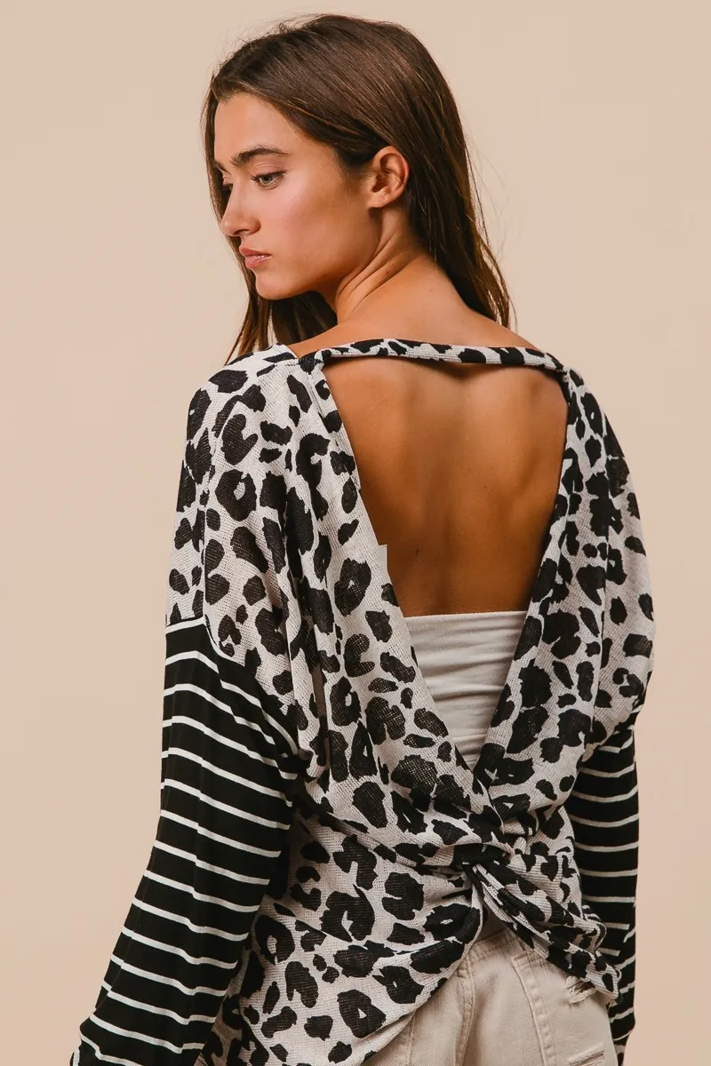 Leopard Hacci Knit Twist Back Top With Stripe Sleeve, image 10