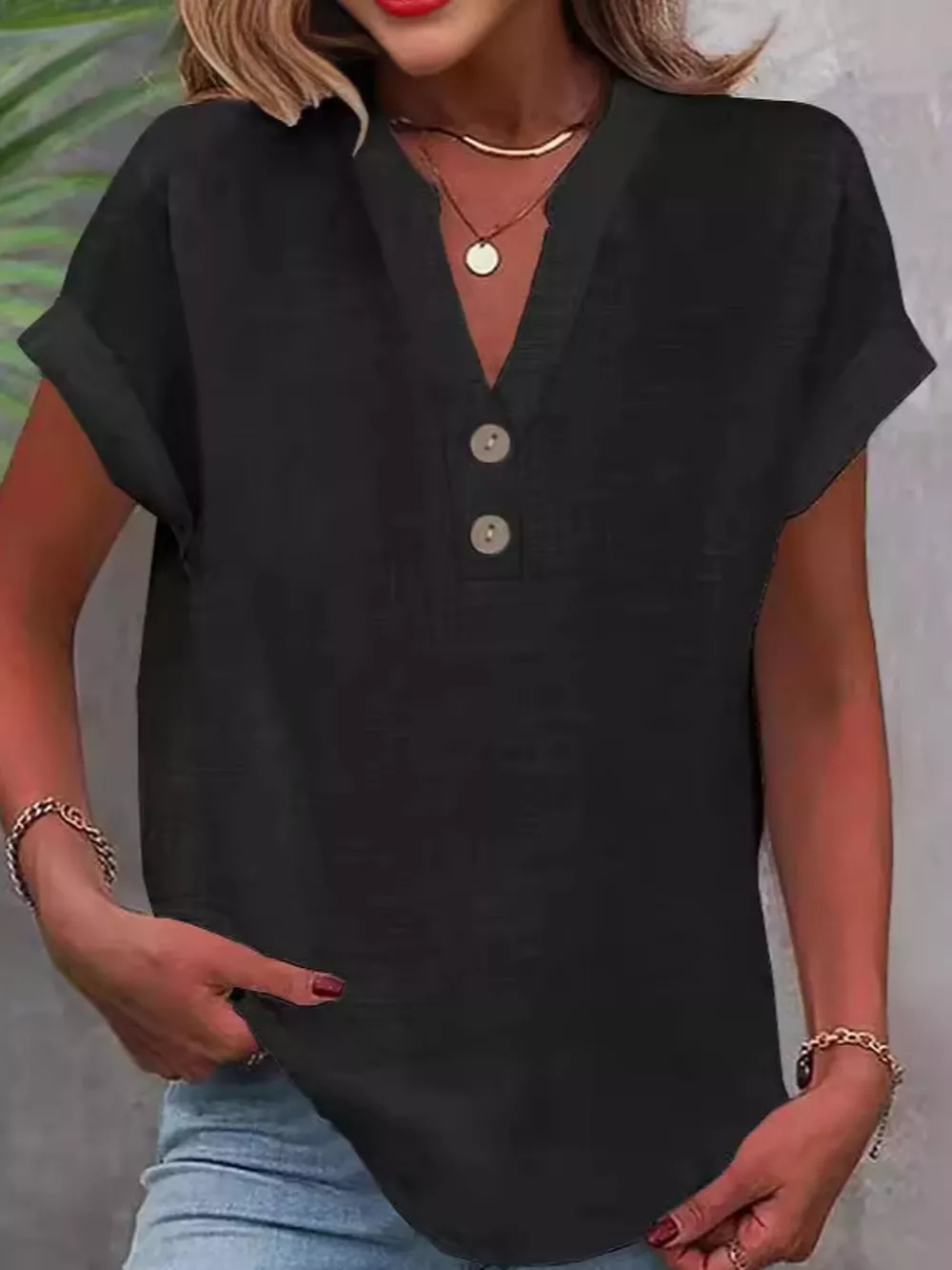 Full Size Button Detail Short Sleeve Blouse Plus Size