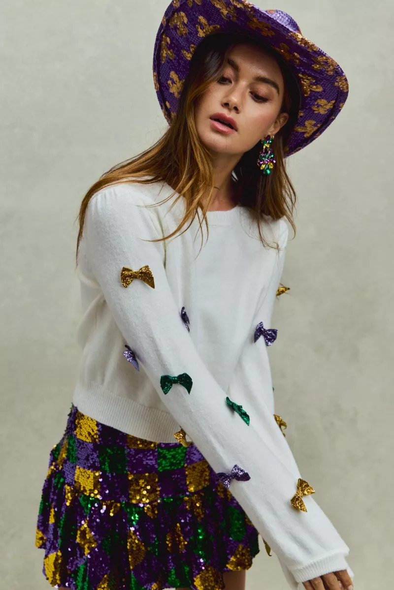 Mardi Gras Glitter Bow Ribbon Sweater Knit Top, image 4