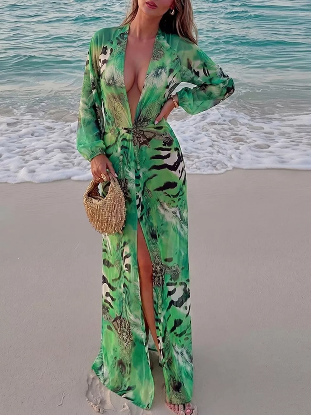 Deep V-Neck Long Sleeve Printed Maxi Dress