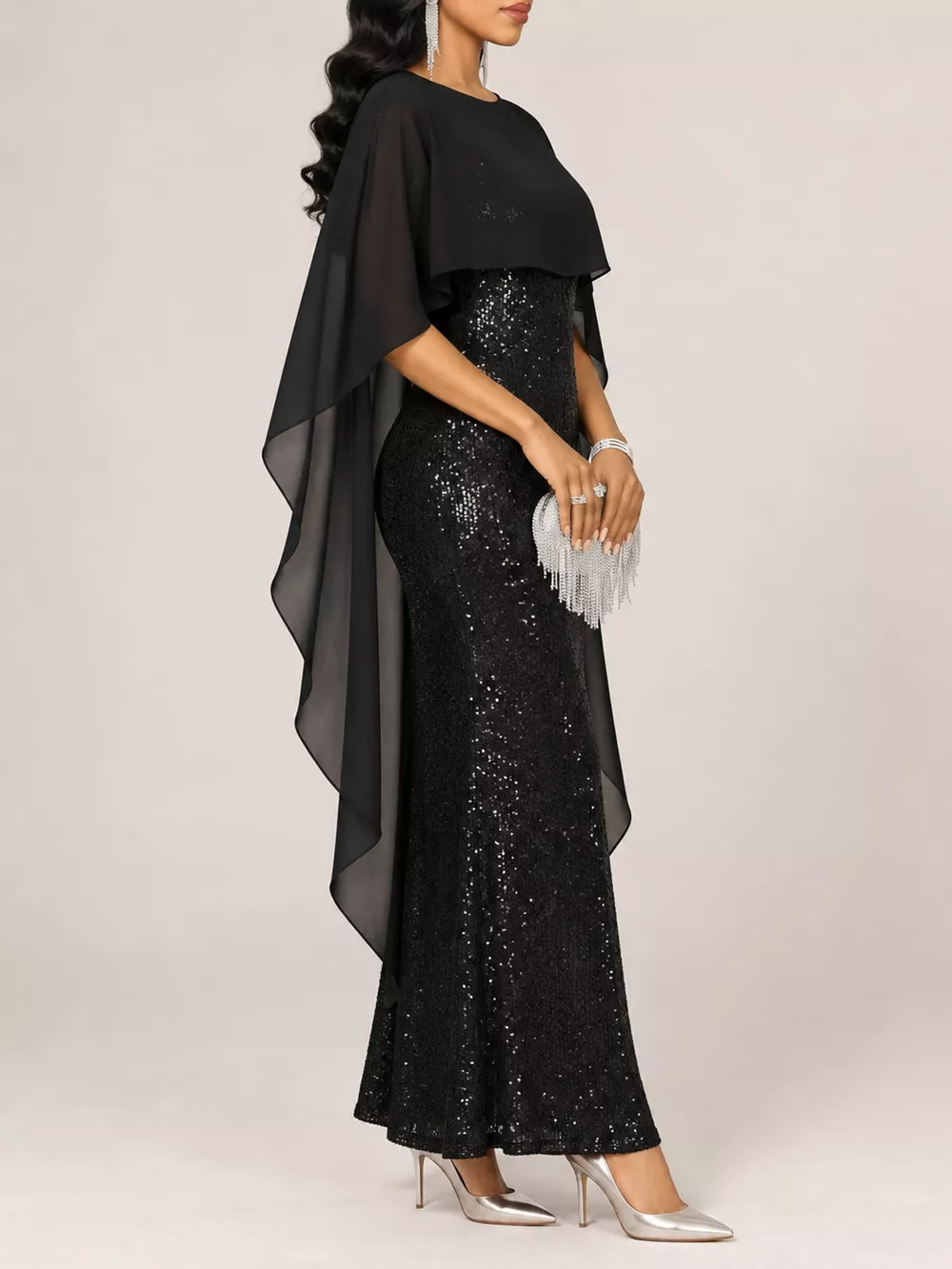Sequin Cape Overlay Evening Dress, image 10
