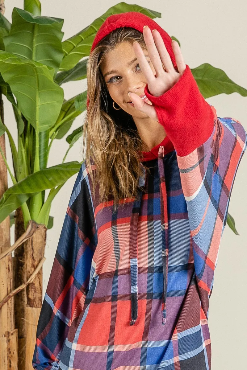 Plaid Mirr Brushed Rib Contrast Thumb Open Hoodie, image 6