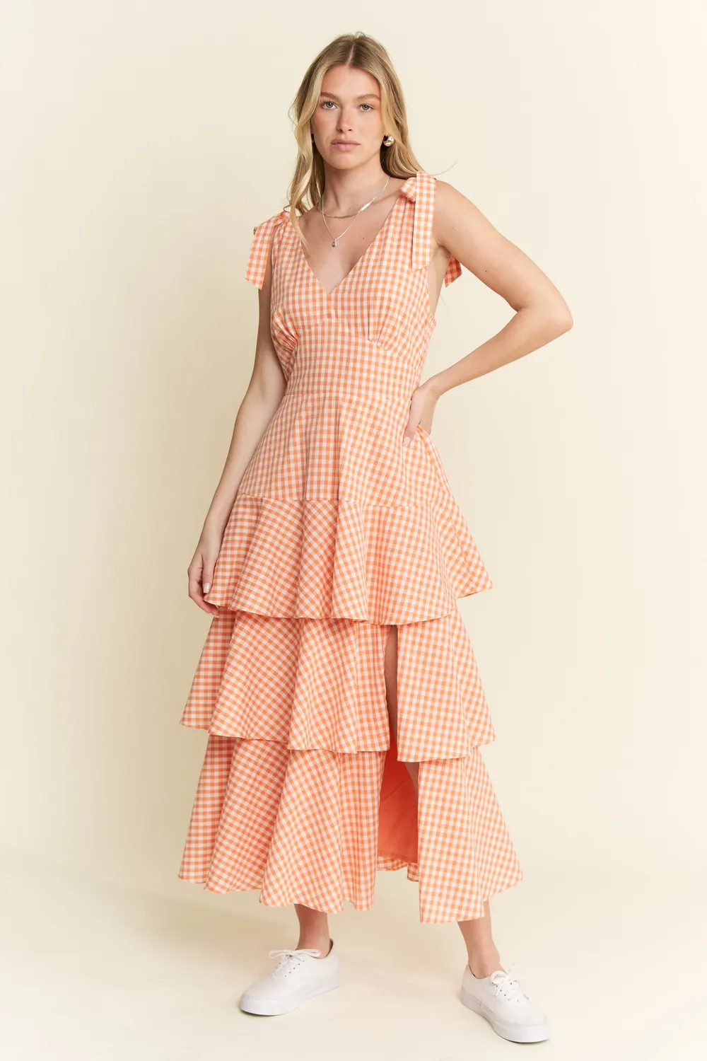Sleeveless Gingham Print Tiered Midi Dress, image 16