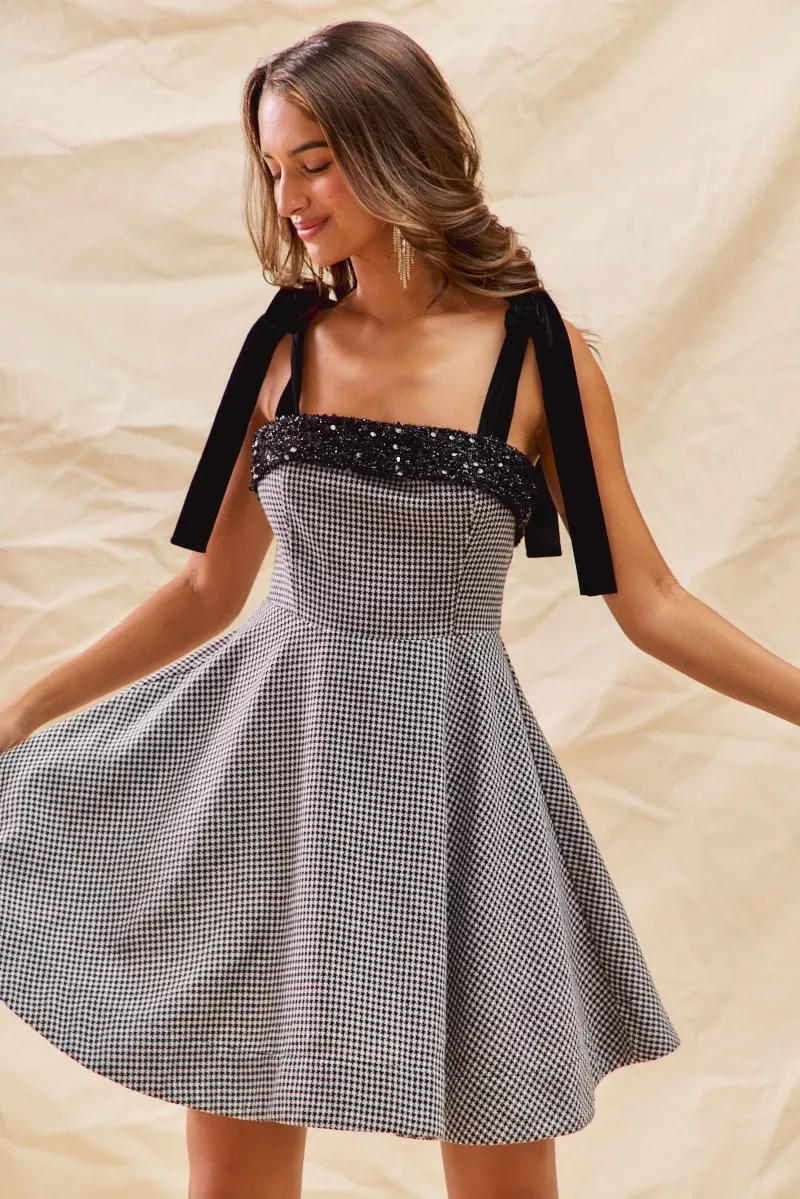 Houndstooth Fit Flare Mini Dress with Shoulder Tie, image 16