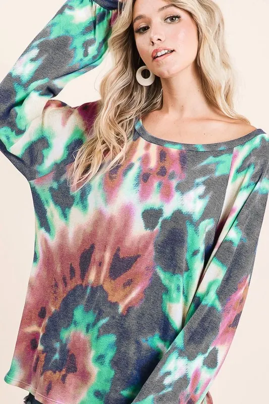 Tie Dye Print Terry Top with Puff Sleeves