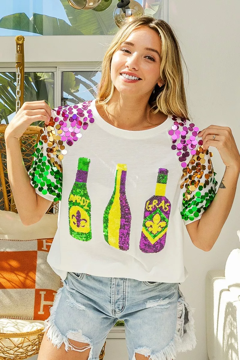 Sequin Mardi Gras Bottles Spangled Sleeve Top, image 27