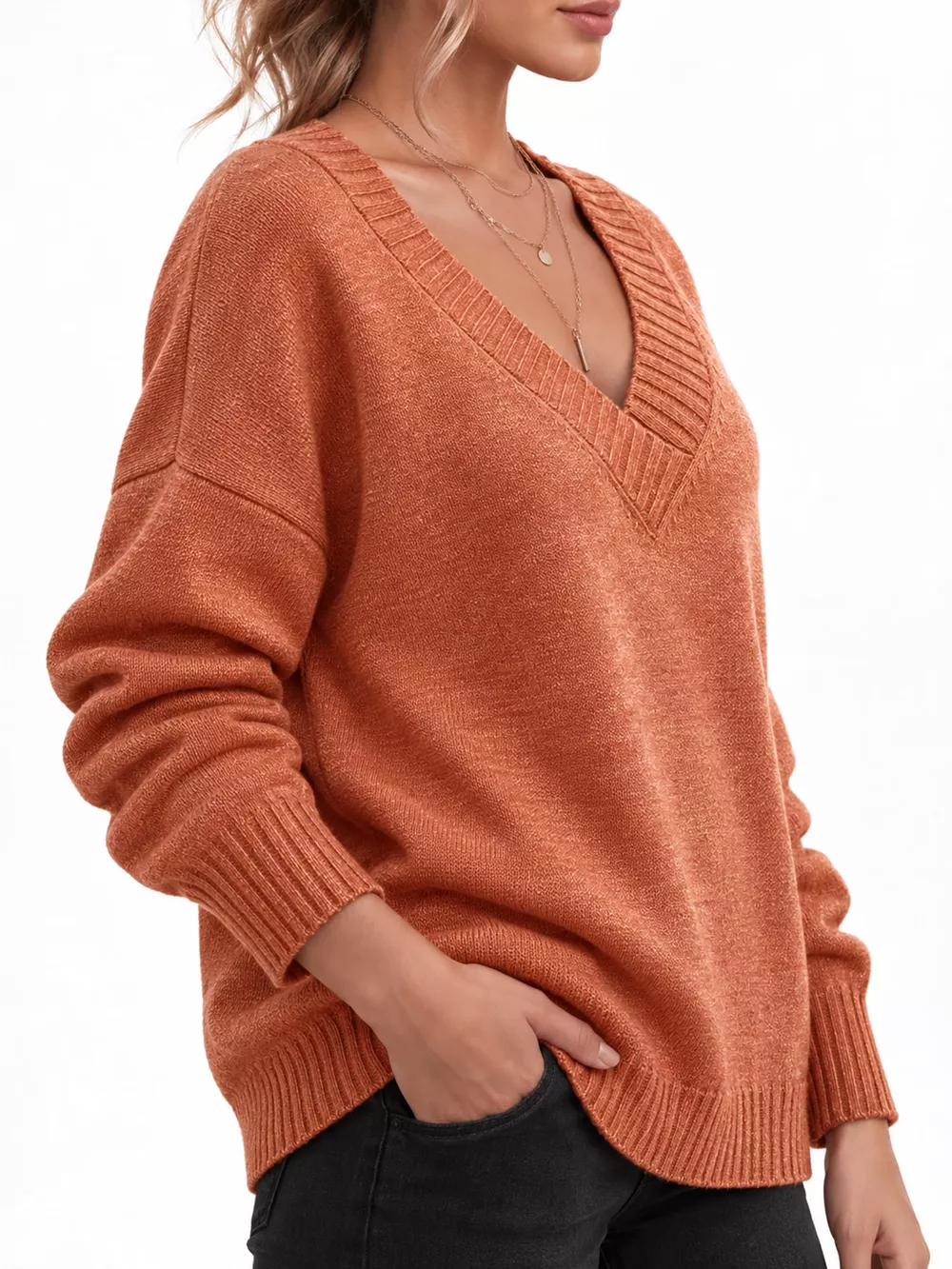 Full Size V-Neck Dropped Shoulder Sweater Plus Size, image 68