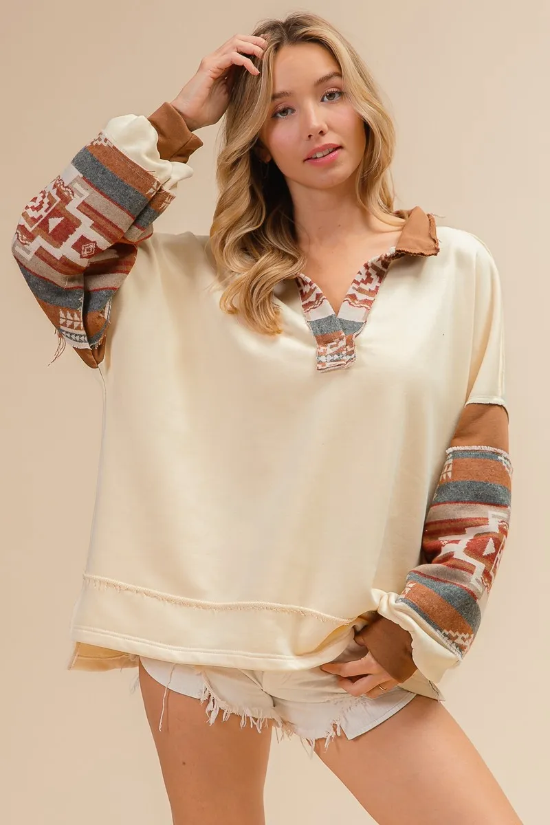 French Terry Knit and Aztec Print Mixed Top, image 5