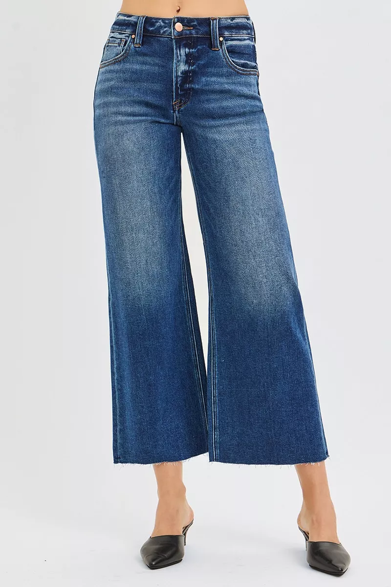Full Size Mid Rise Crop Wide Raw Cut Hem Jeans Plus Size