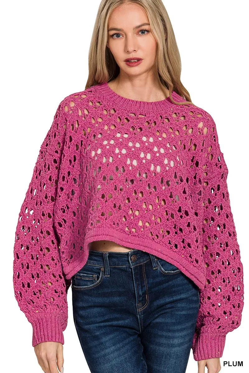 Oversized Cropped Crochet Knit Sweater