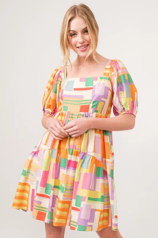 Square Neck Puff Sleeve Geo Printed Mini Dress, image 2