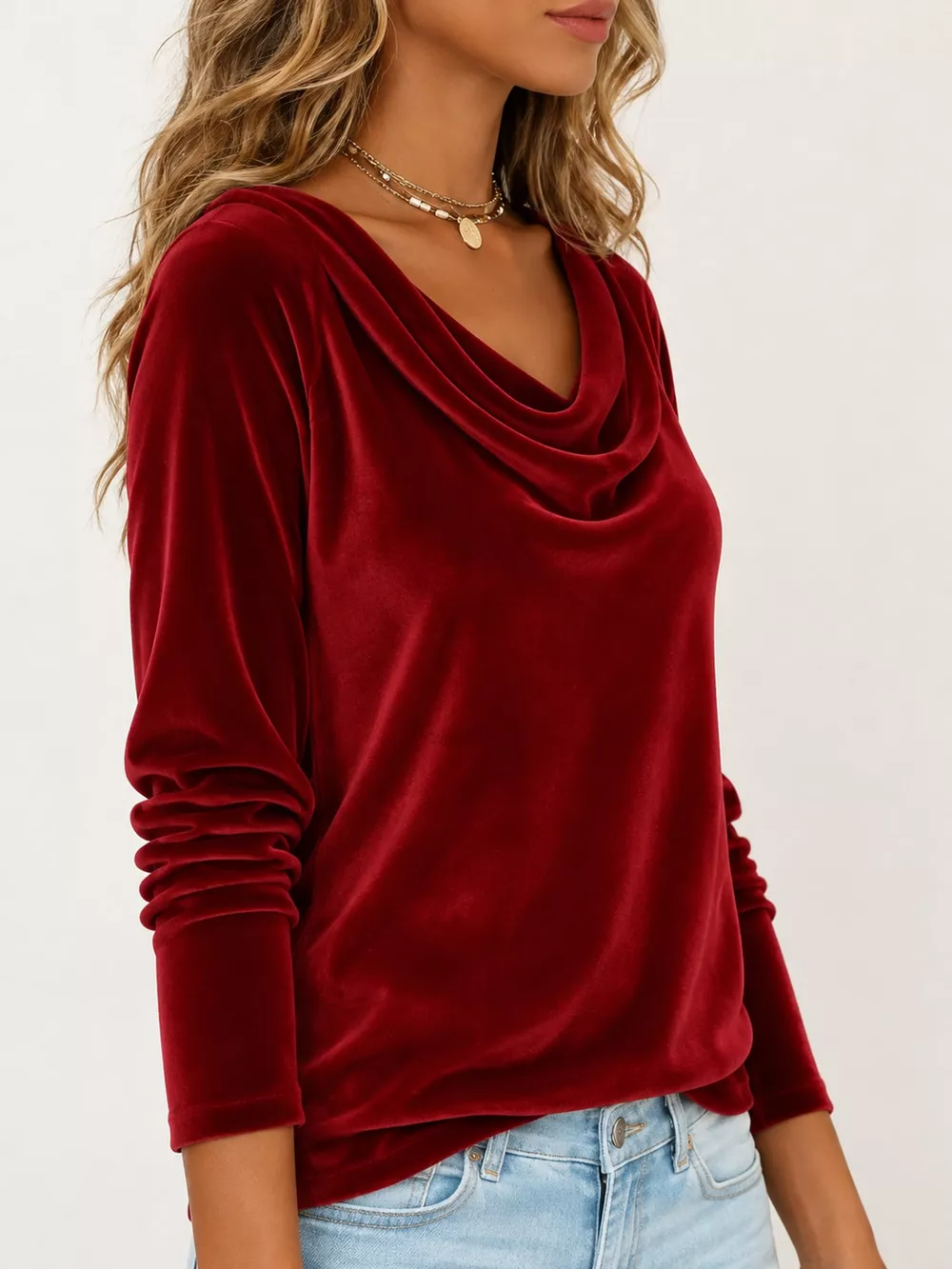 Full Size Velvet Cowl Neck Long Sleeve T-Shirt Plus Size, image 8