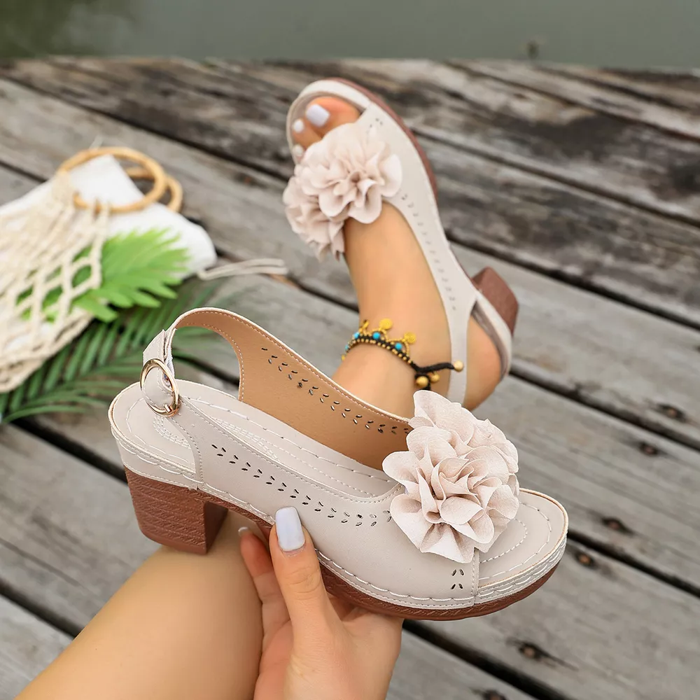 Floral Decor Chunky Heel Sandals, image 10