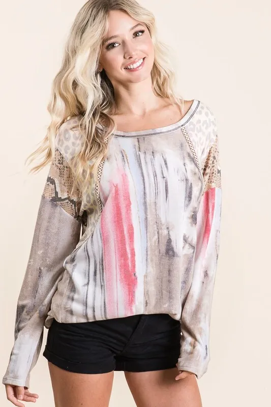 Tie Dye Knit Top with Print Block Shoulder