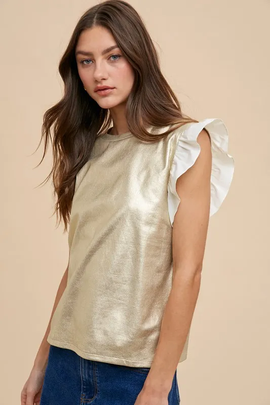 Mix Media Metallic Knit Ruffle Sleeve Top, image 4