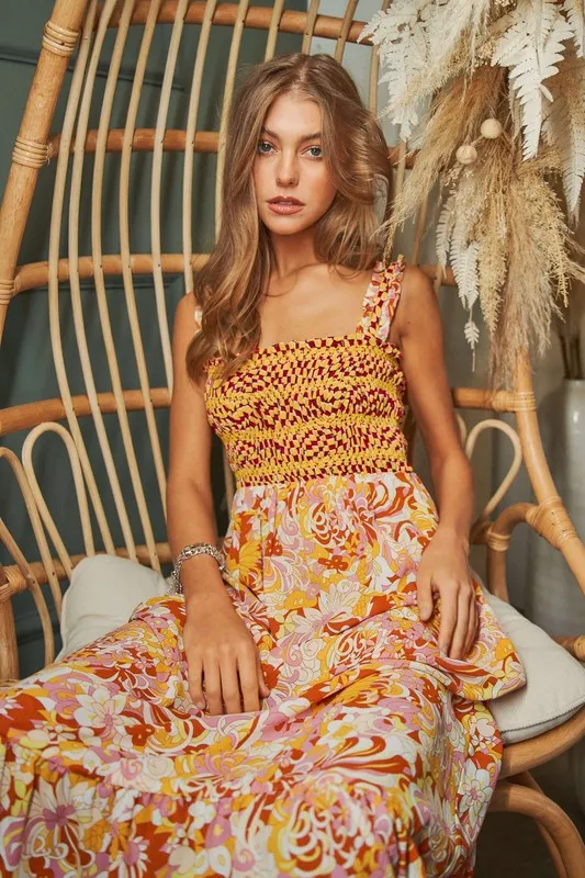 Multi Smocked Bodice Geo Ruffle Strappy Midi Dress, image 2