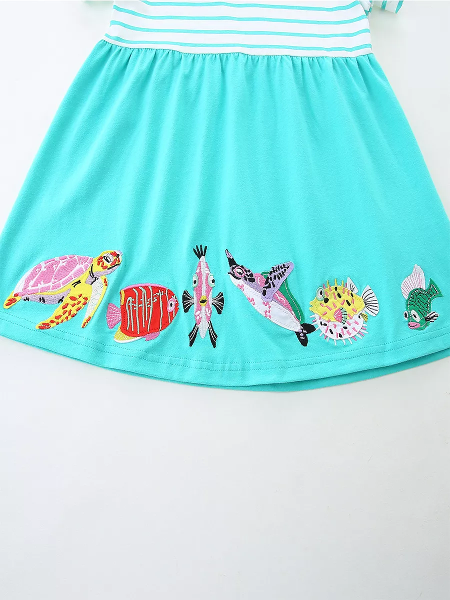 Children's Striped Turtle and Fish Embroidered Dress, image 4