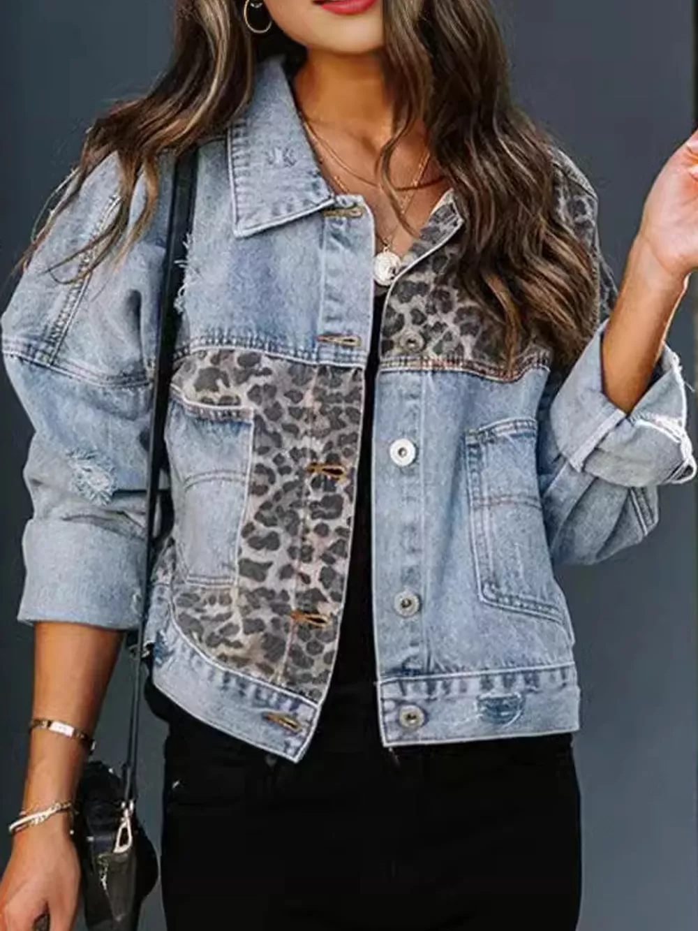 Full Size Distressed Leopard Dropped Shoulder Denim Jacket Plus Size, image 4