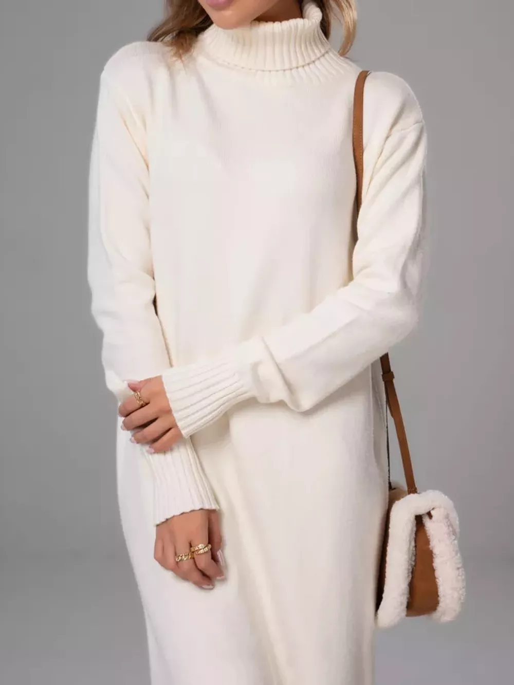 Turtleneck Ribbed Knit Sweater Dress, image 12