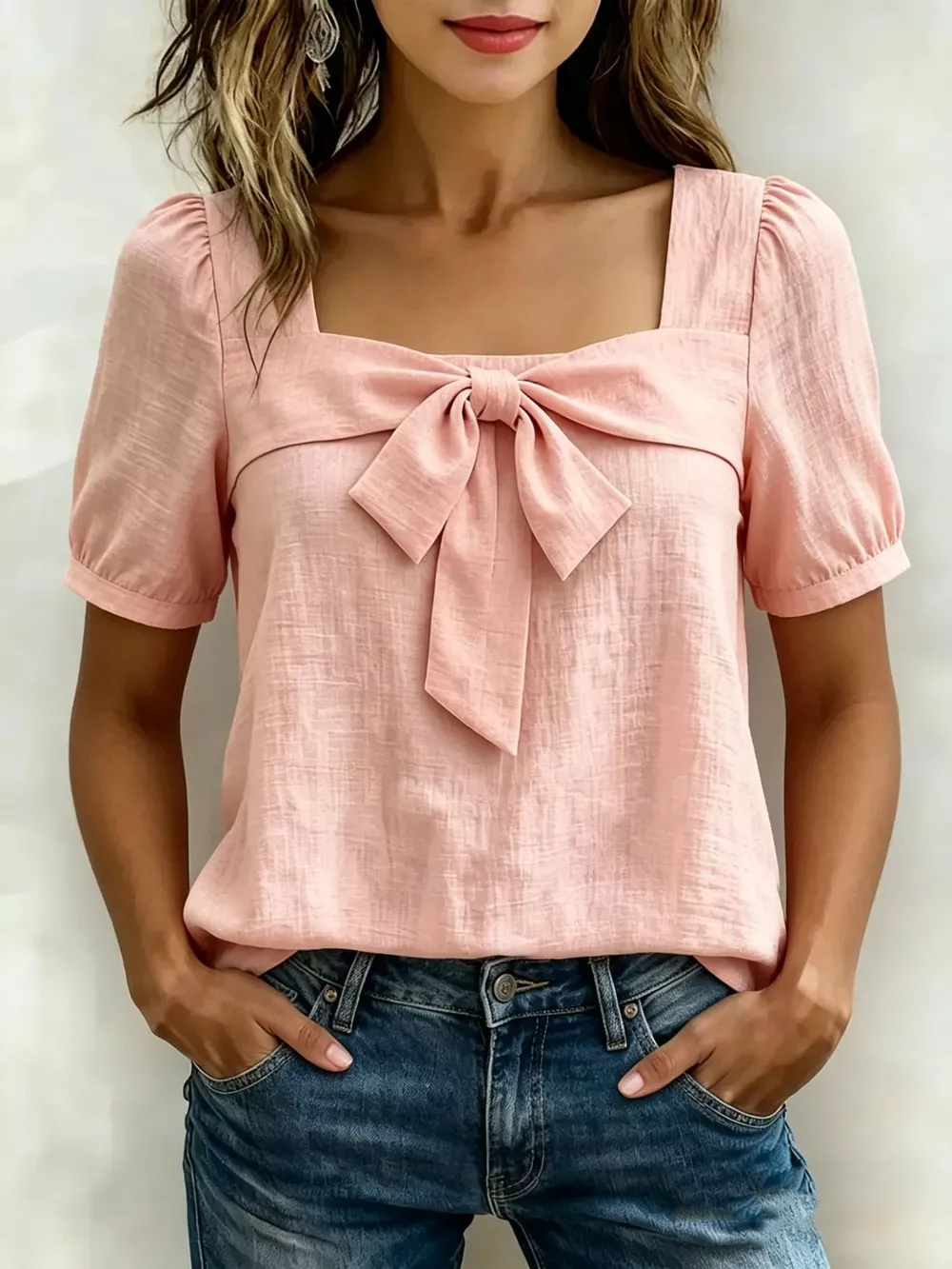 Bow Tie Square Neck Puff Sleeve Blouse, image 9