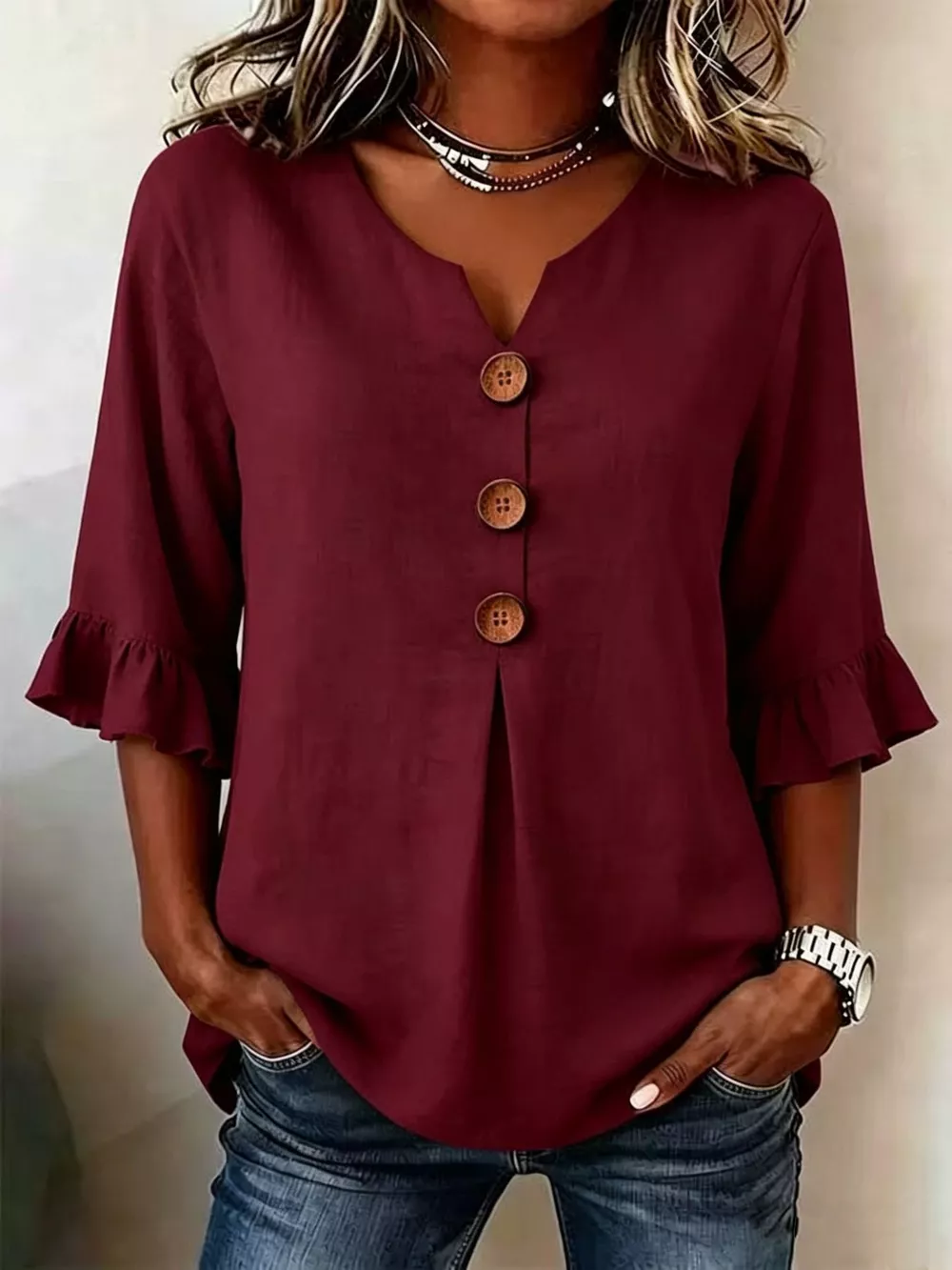 Full Size Casual Ruffle‑Sleeve Decor‑Button Top Plus Size, image 5