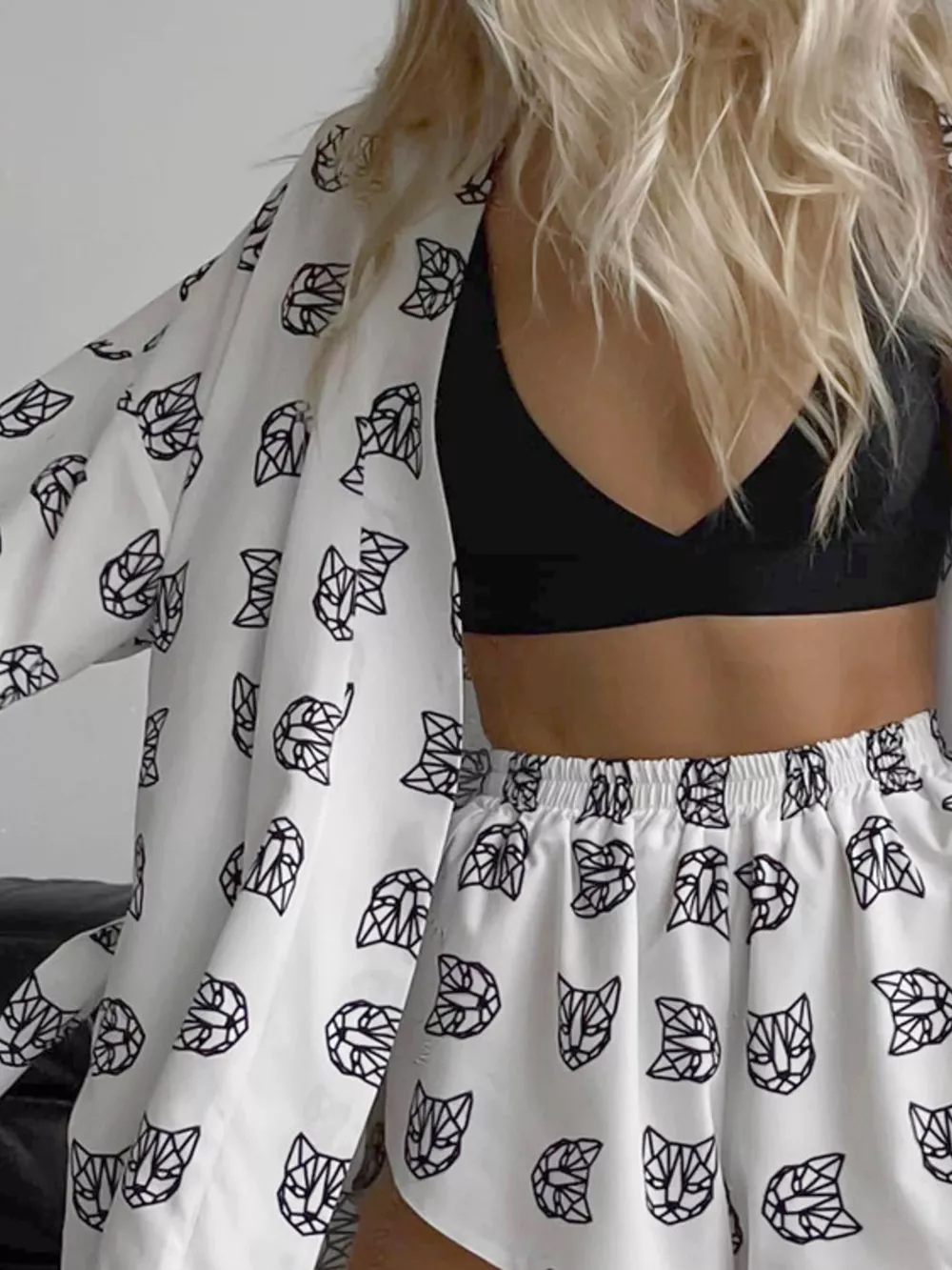 Geometric Cat Print Cardigan and Shorts Lounge Set, image 2