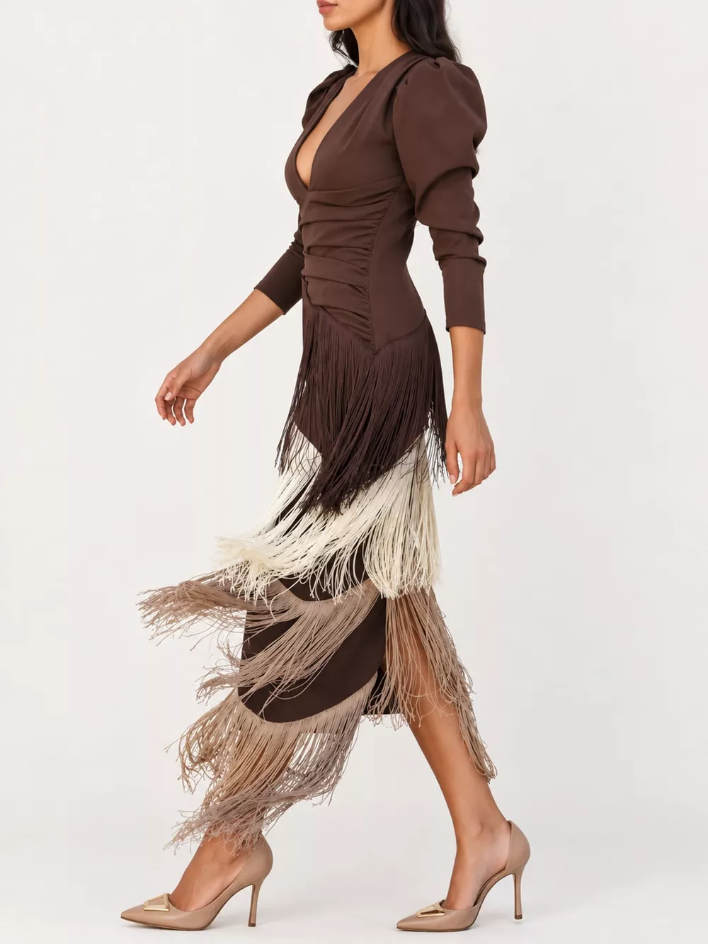 Fringed V-Neck Puff Sleeve Maxi Dress, image 18