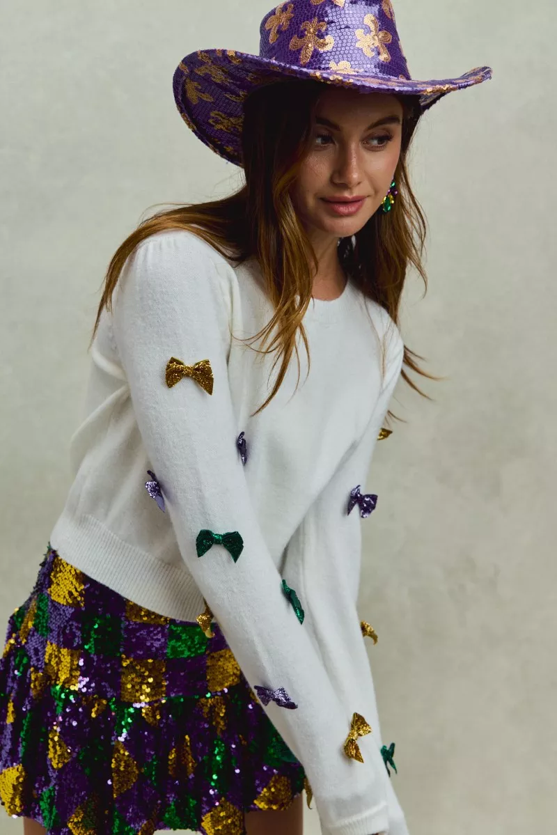 Mardi Gras Glitter Bow Ribbon Sweater Knit Top, image 8