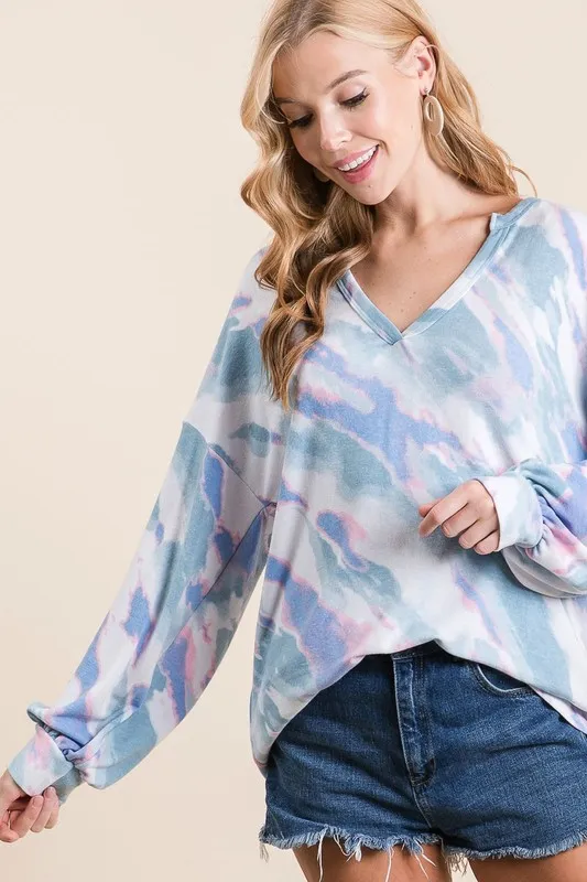 Tie Dye French Terry Top with Balloon Sleeves