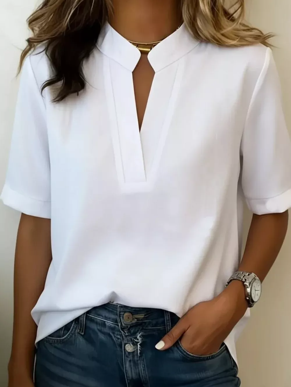 Full Size Notched Short Sleeve Blouse Plus Size, image 12