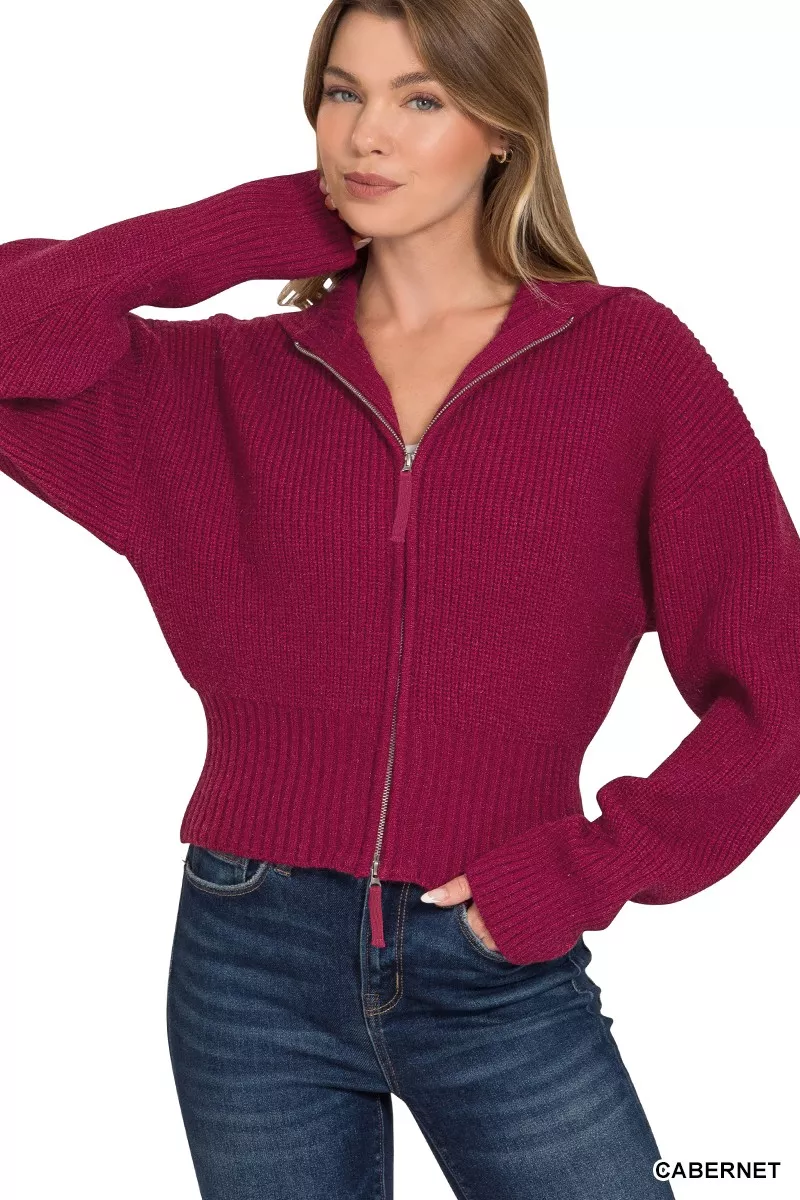 Ribbed Collared Zip Up Sweater Cardigan, image 2
