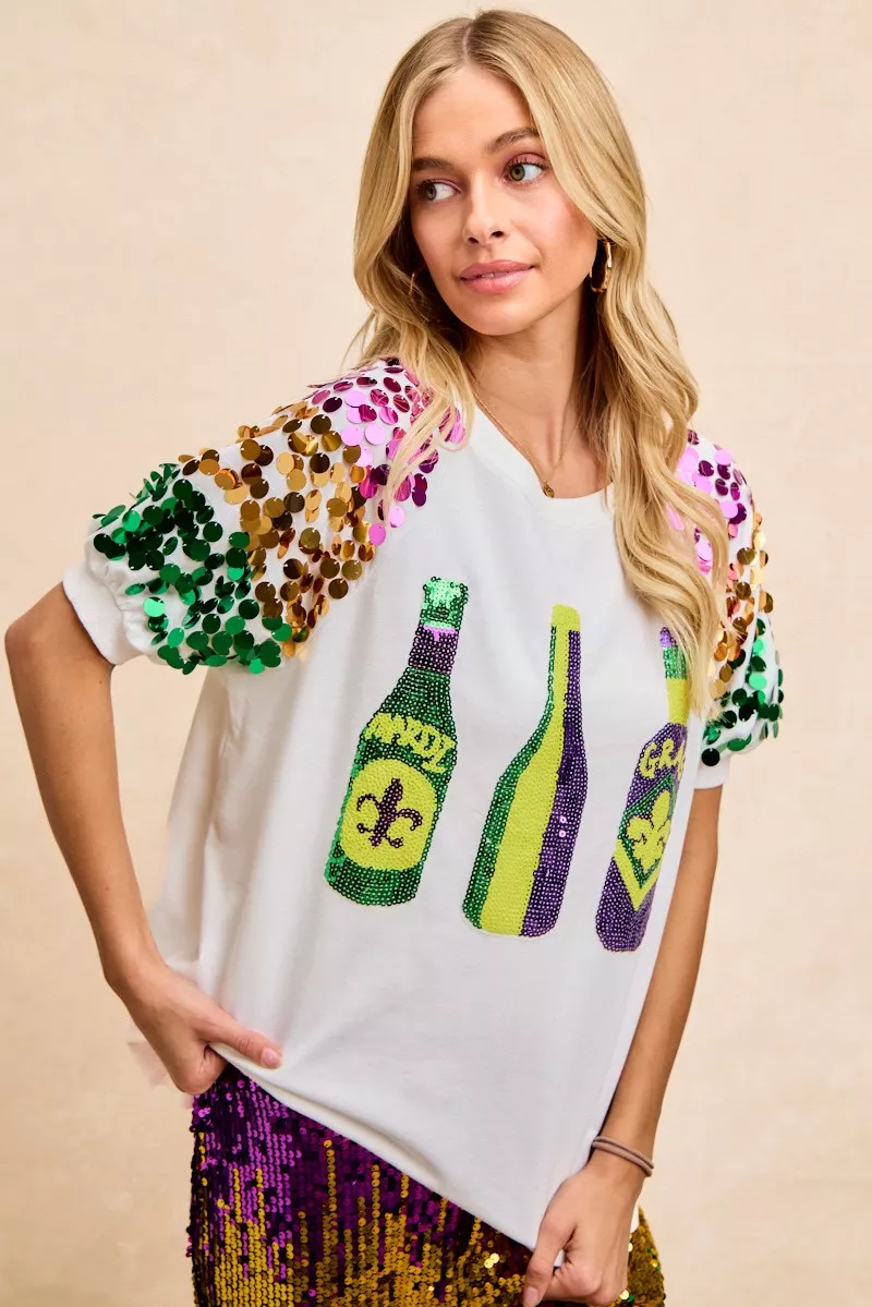 Sequin Mardi Gras Bottles Spangled Sleeve Top, image 28
