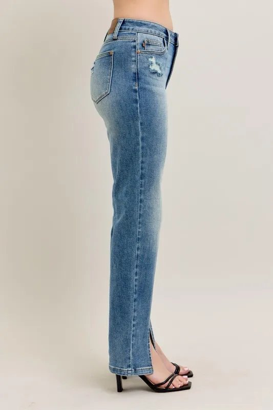 Full Size High Waist Vintage Wash Front Seam & Slit Straight Plus Size, image 15