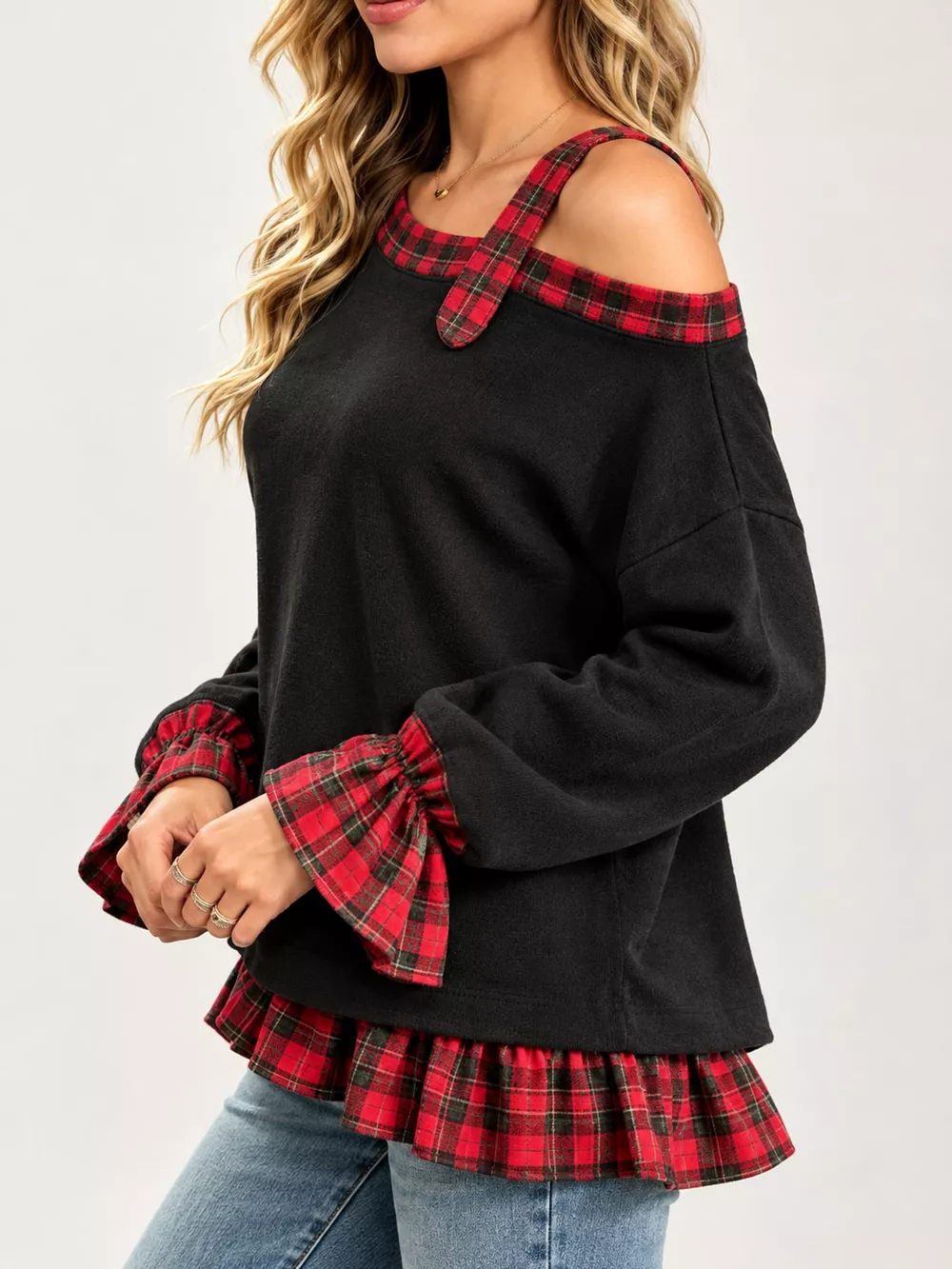 Full Size Plaid Ruffled Hem Asymmetrical Neck Sweatshirt Plus Size, image 10