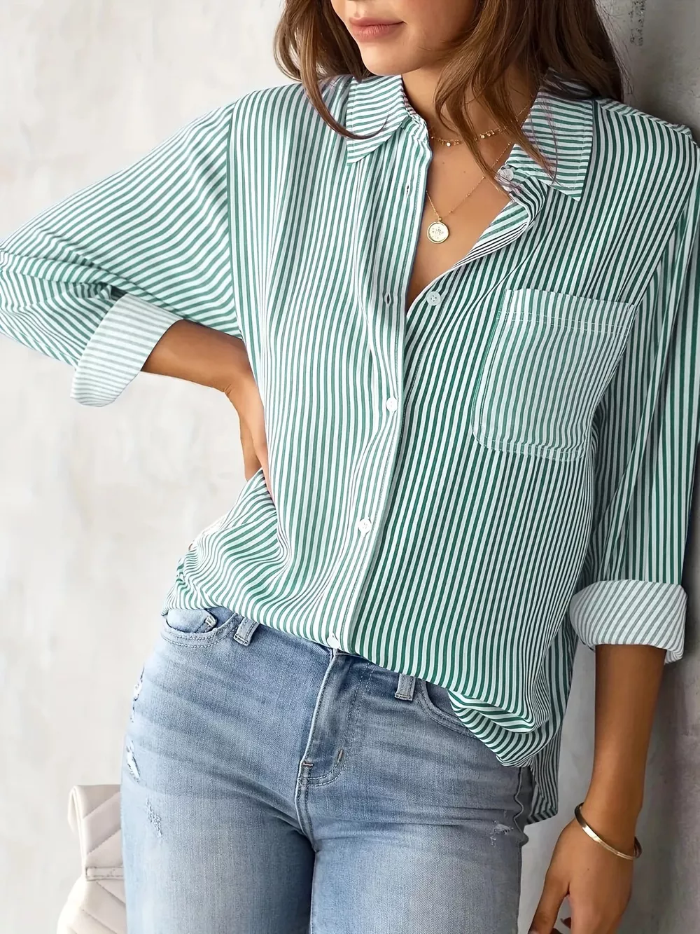 Full Size Striped Button-Down Long Sleeve Shirt Plus Size, image 26