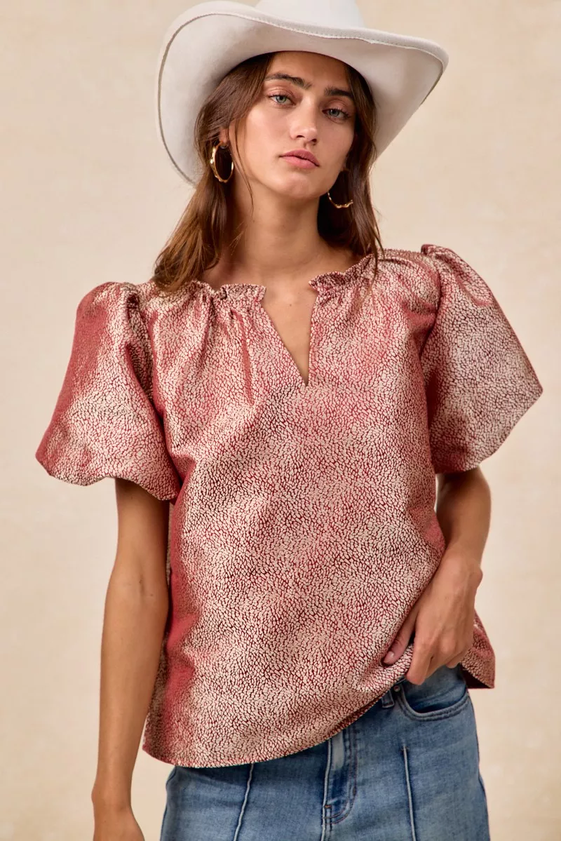 Jacquard Woven Short Balloon Sleeves V Neck Top, image 7