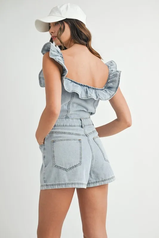 Off Shoulder Ruffle Detail Denim Romper, image 8